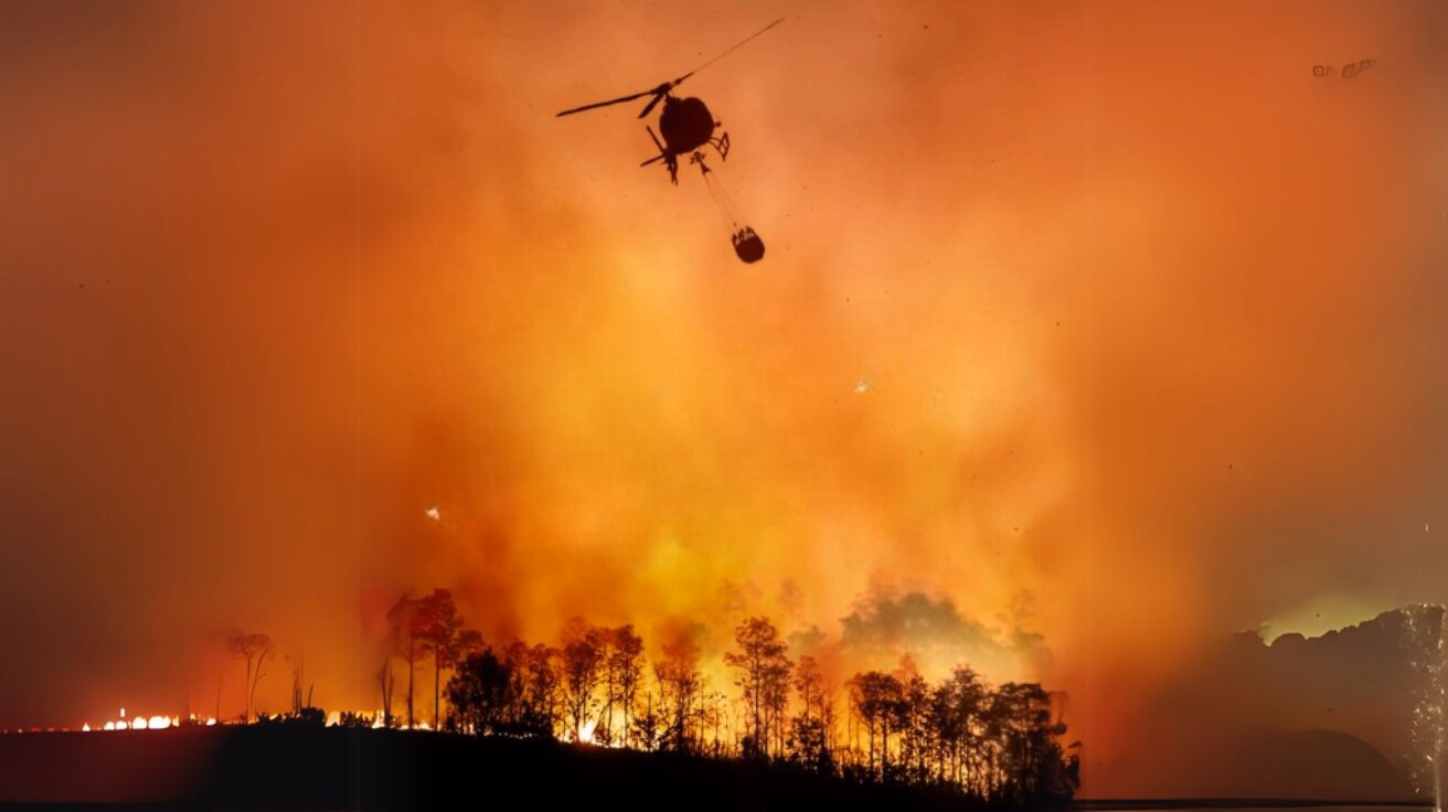 A large forest fire with a helicopter flying above