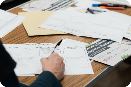 People writing after reading the Community Climate Adaptation Routemap, developed by Verture.